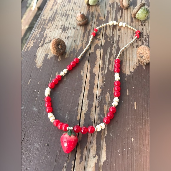 Strawberry Necklace!🍓Hand-made, Strawberry & Golden necklace! ⭐️ Lara’s Bubbles - Picture 3 of 7